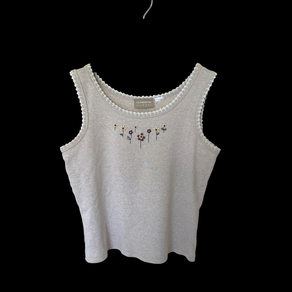 Y2K Lizwear Tan Floral Embroidered Beaded Lace Trim Tank Top Boho Indie Sleeze M - Picture 1 of 9